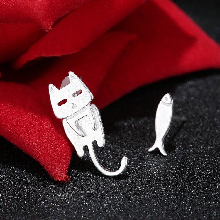 925 Sterling Silver Stud Earrings For Women Cat Fish Animal Silver Ear Jewelry Gifts
