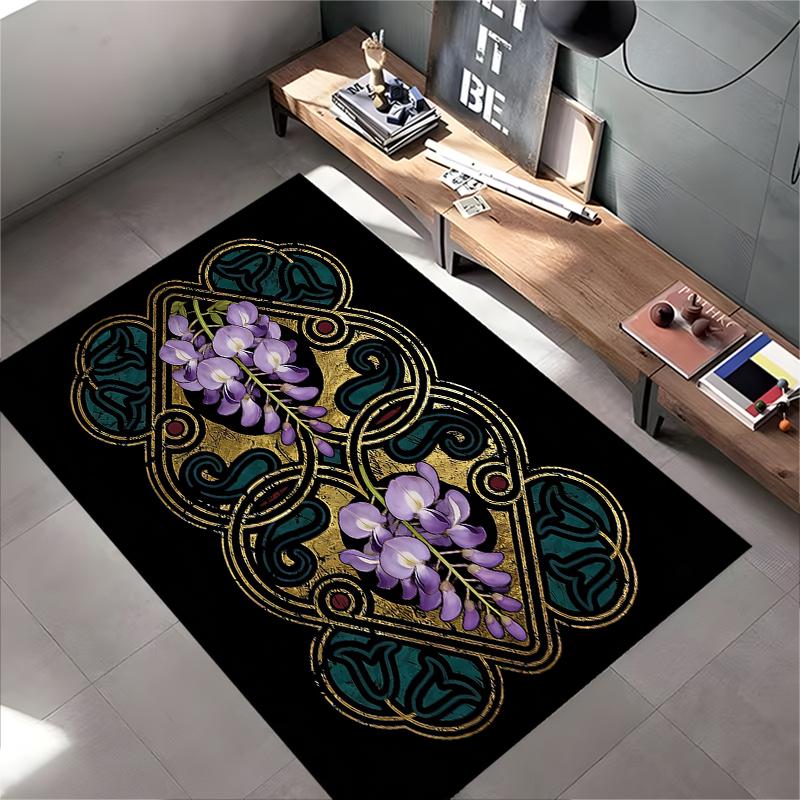 "Luxury Black Carpet with Gold Accents and Purple Floral Design" Suitable for Use As an Anti-slip for Living Room Bedroom Sofas