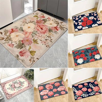 Rose Printed Door Mat Anti Slip Absorbent Flannel Rug for Bedroom Bathroom Living Room Home Decor