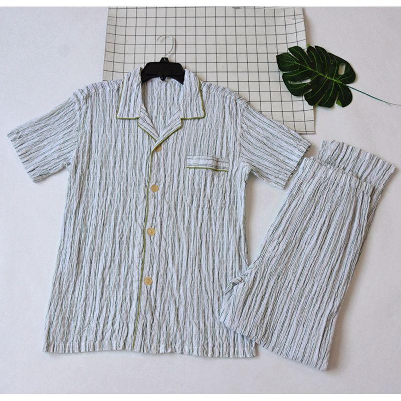 Export Men Summer Pure Cotton Wrinkle Cotton Short Sleeve Pants Pajamas Thin Suit Breathable Home Clothing Air Conditioning Clothes