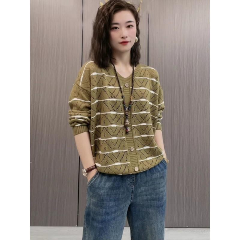 Women's Spring and Summer Loose Casual V-neck Knit Shirt Personalized Breathable Hollowed Out Tops