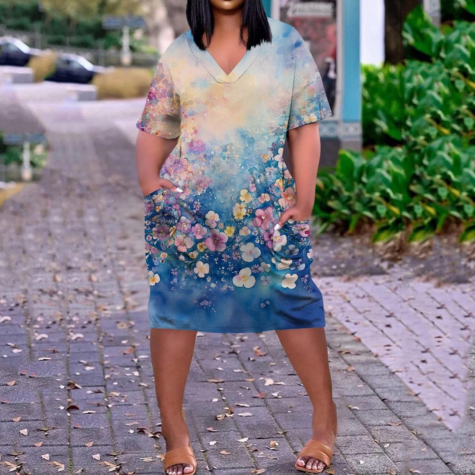 

Летнее повседневное платье больших размеров с V-образным вырезом и коротким рукавом, карманом на колене для женщин XXXXXL синий