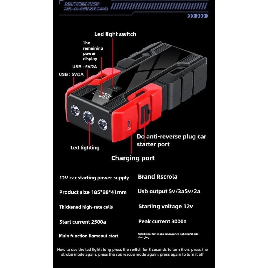 12V Portable Car Jump Starter: 99800mAh Large Capacity Lithium Booster for 8.0L Gas & 5.5L Diesel Engines