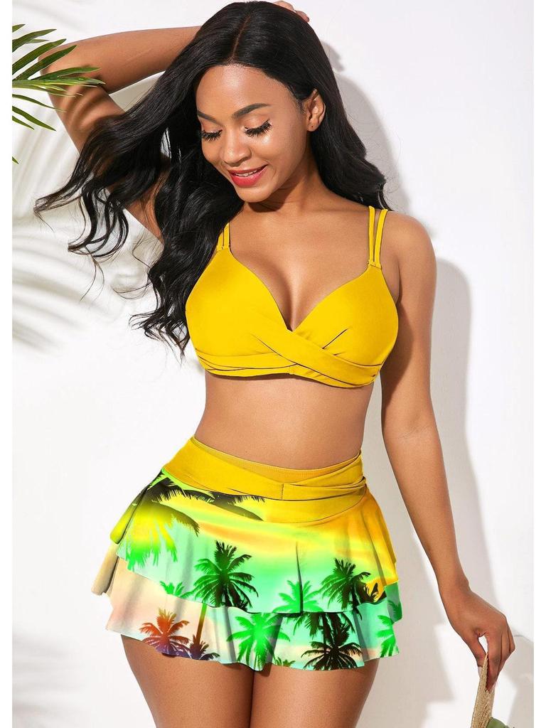 European & American High-Waisted Ruffle Print Bikini in Blue/Red