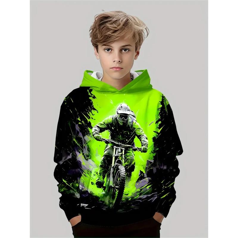 Autumn Winter 3D Motocross Graphic Printed Hoodies Fashionable Casual Warm Sports Long Sleeved Children's Boy Hooded Sweatshirts