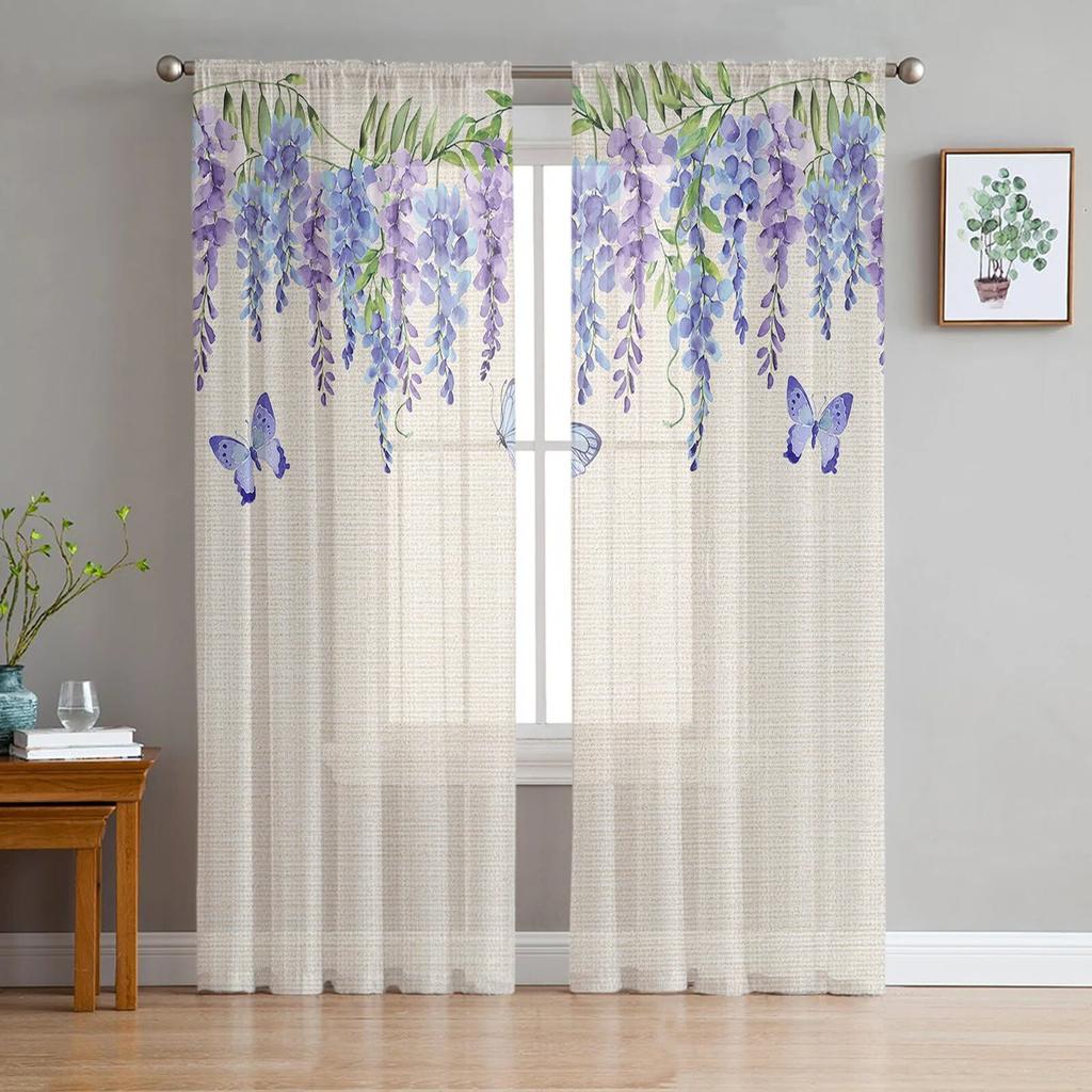 Wiosenne różowe Wisteria Butterfly tiulowe zasłony do salonu przezroczysta zasłona do sypialni rolety kuchenne zasłony z woalu