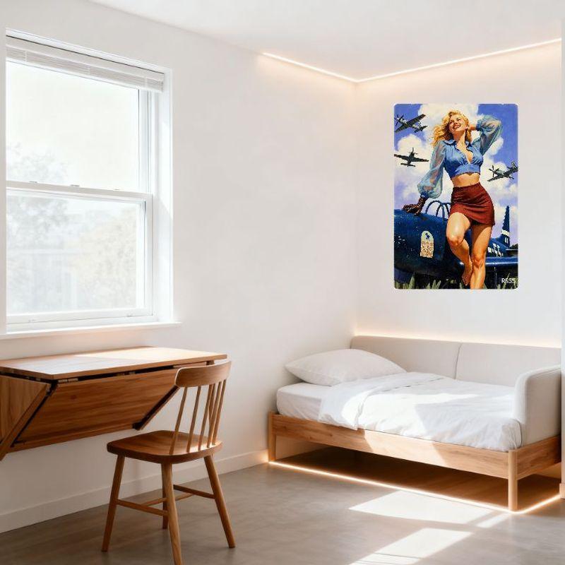 Vintage Wartime Pin-Up Style Metal Tin Sign - Smiling Blonde Woman with Blue Blouse & Brown Skirt Leaning on Military Aircraft,