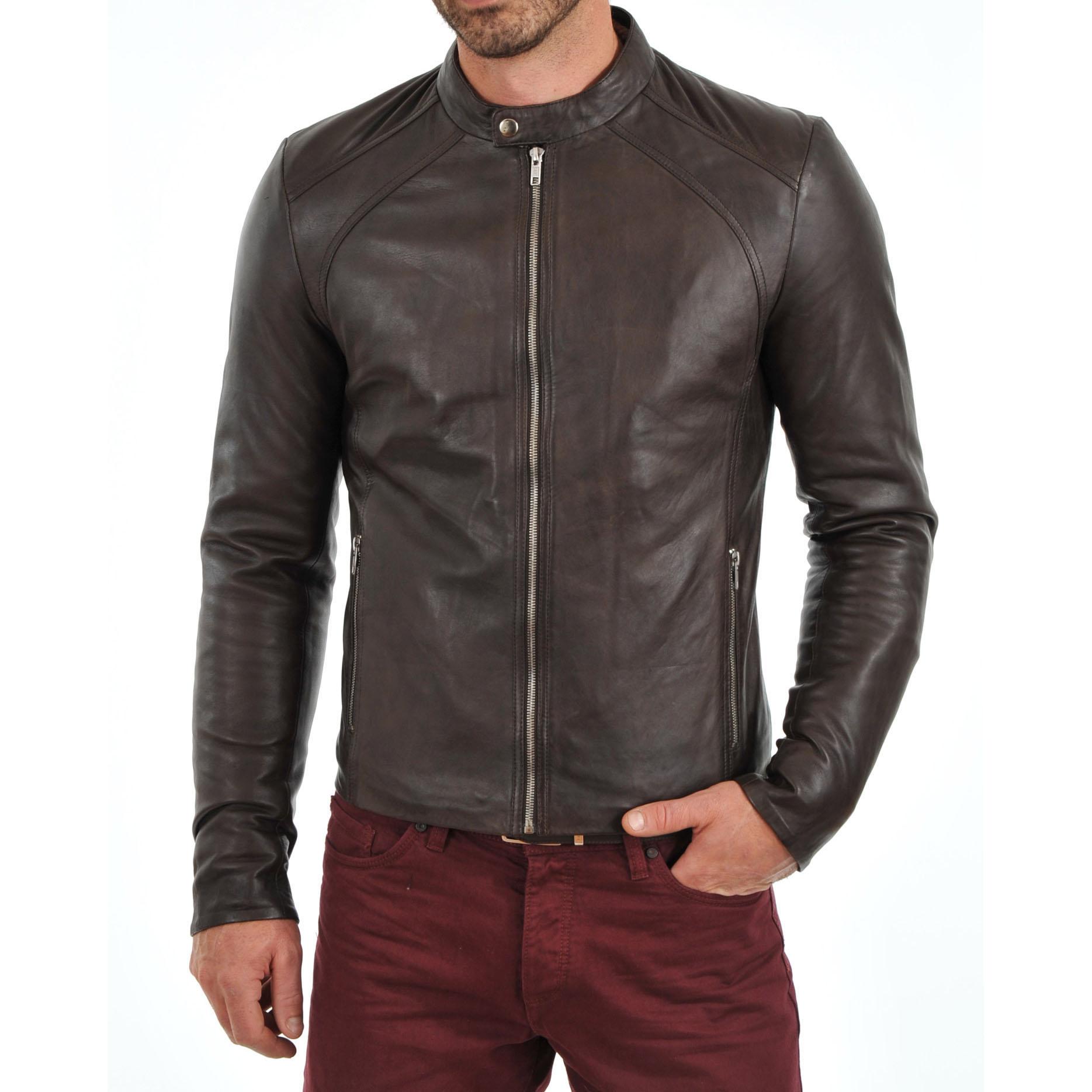 

SkinOutfit Men s Genuine Lambskin Brown Leather Jacket Stylish Motorcycle Bomber Biker Outerwear MJ 183 XXXL коричневий