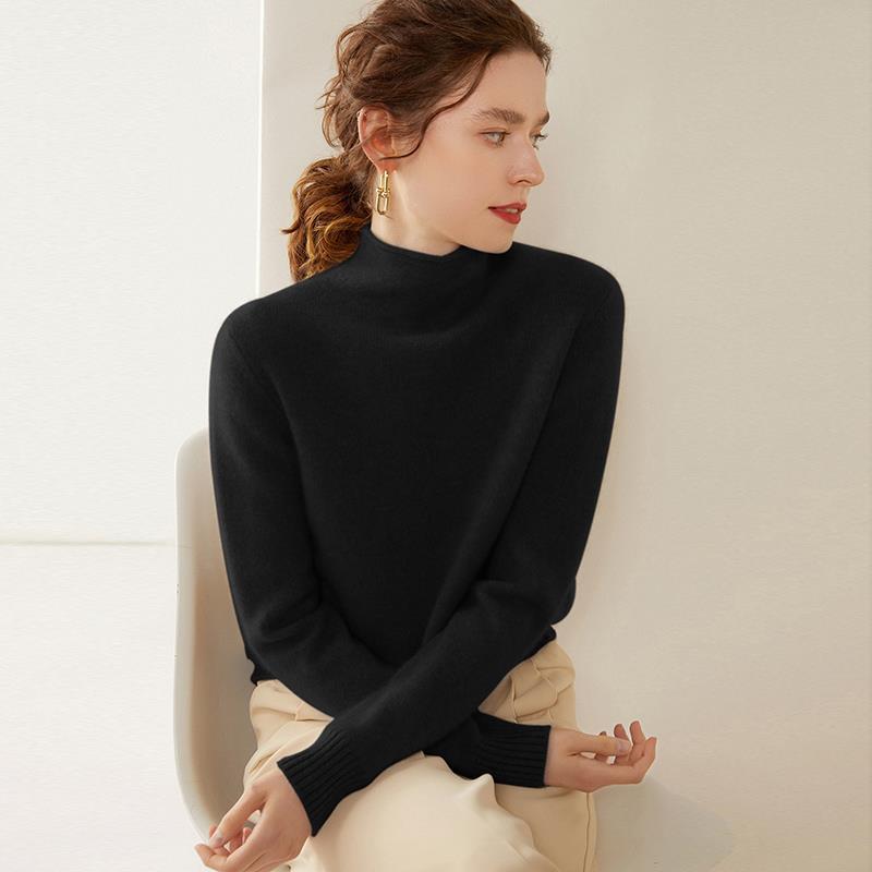 White Cashmere Rolled Collar Sweater - Women's Loose Fit Pullover for Autumn/Winter 2025