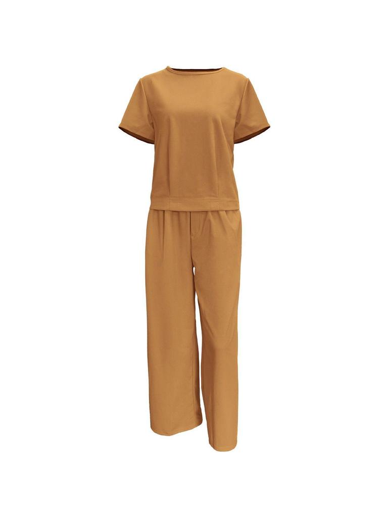 European Summer Pink Linen Women's Two-Piece Set: Short Sleeve Top & Wide-Leg Pants