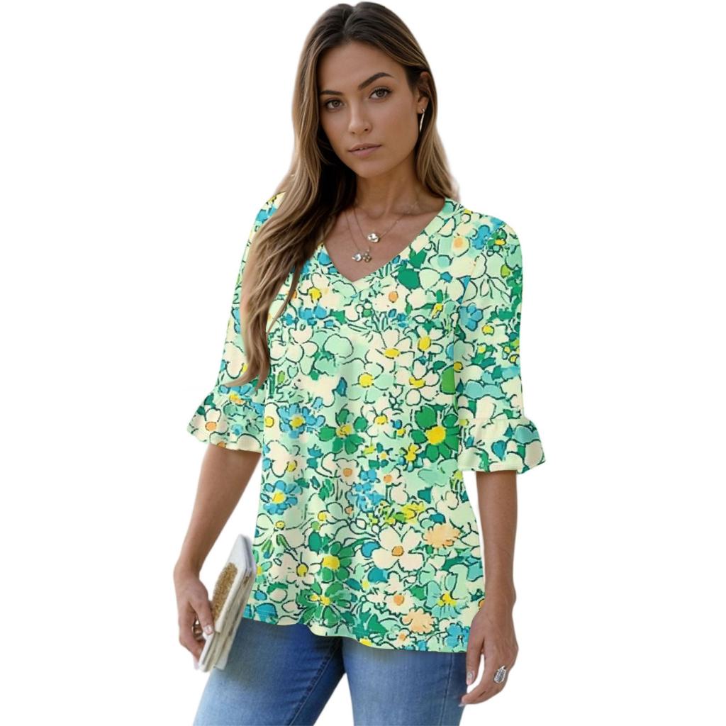 Women's Casual 3/4 Sleeve Tops V-Neck Sleeve T-Shirt Floral Print Tops