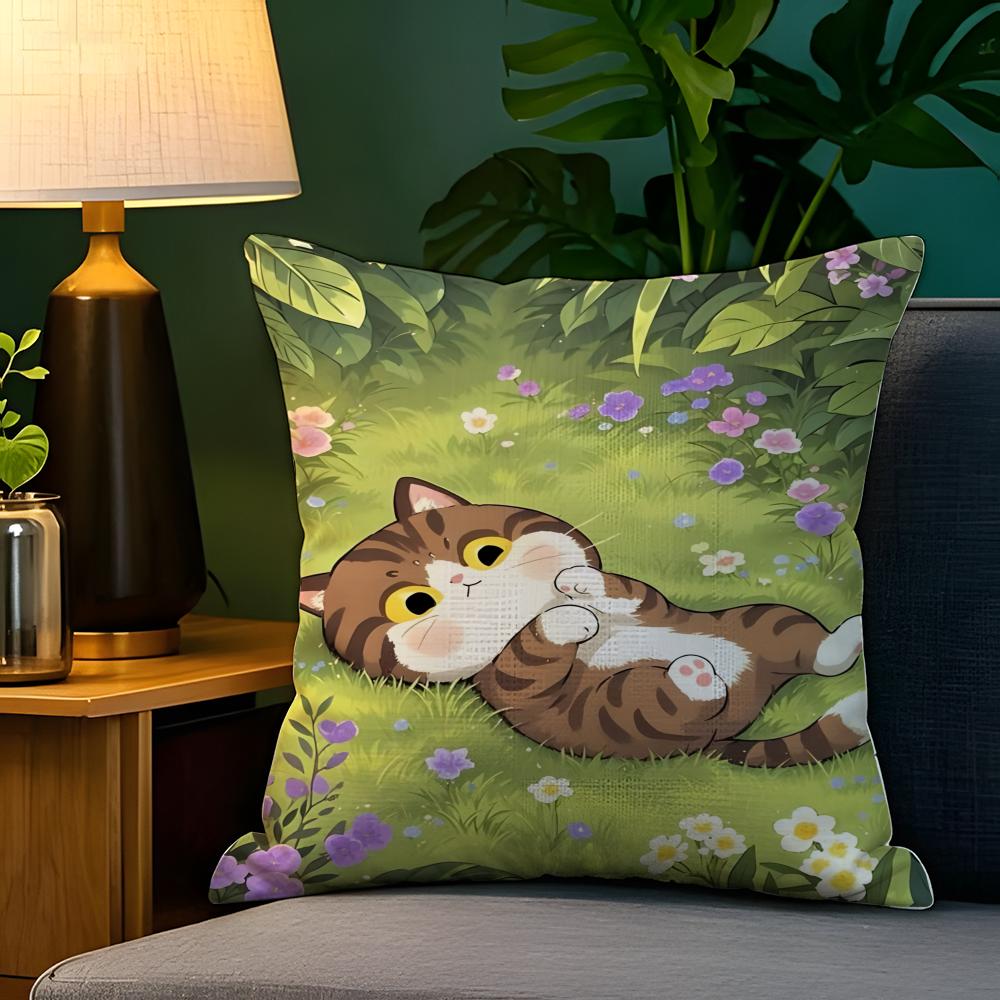 Spring Sunshine Cat Illustrations Pillow Case Natural Linen Pillow Case DoubleSided Decor Sofa Pillowcase Home Decor