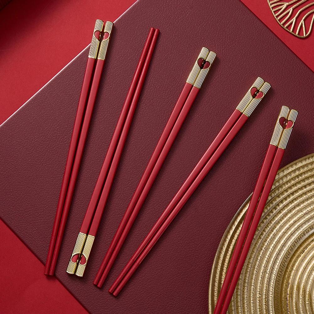 5 Pair Red Heart pattern Chopsticks Reusable 24cm Chinese Chopstick for Weddings Korean Japanese Sushi Chop Sticks Set