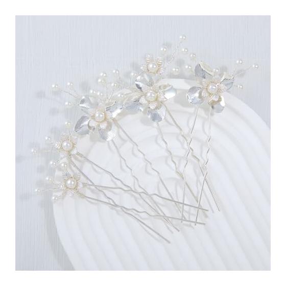 Hair Accessories Set - Leaf and Flower Motif Pearl U-Pins for Bride, Handmade Wedding Hair Jewelry, Silver