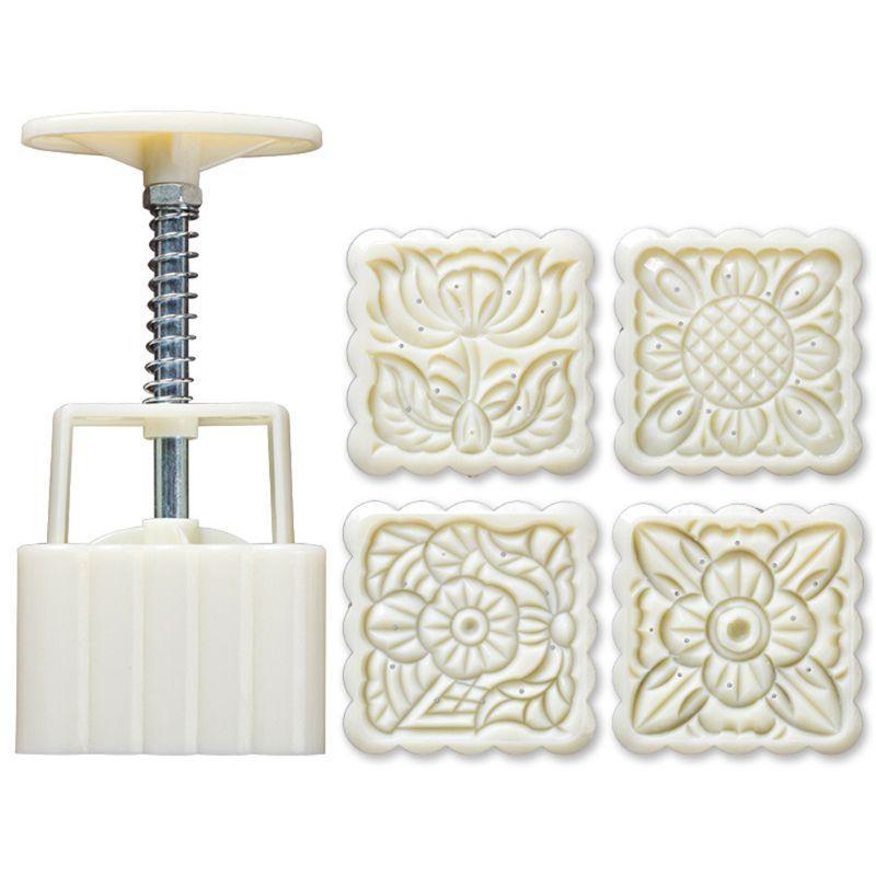 

4pcs Square Hand Press Stamp Moon Cake Decor Barrel Mooncake Mold 125g Pastry DIY Tool прозорий