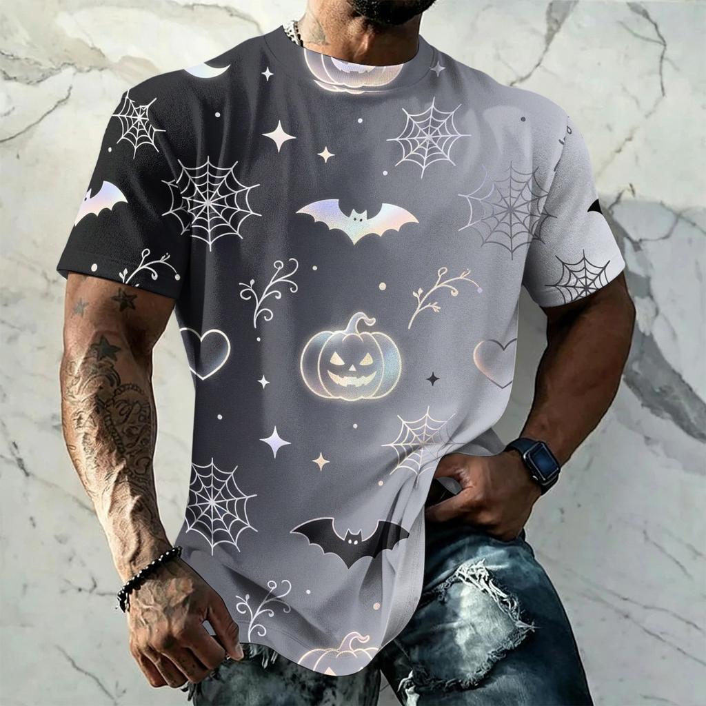 Men's Halloween Vintage Short Sleeve T Shirt Loose Fit Breathable Summer Sports Streetwear Casual Everyday Top with Pumpkin and Bat Print