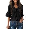 Spring Autumn Women's Black Ruffle V Neck Blouse 3/4 Bell Sleeve Casual Flowy Top
