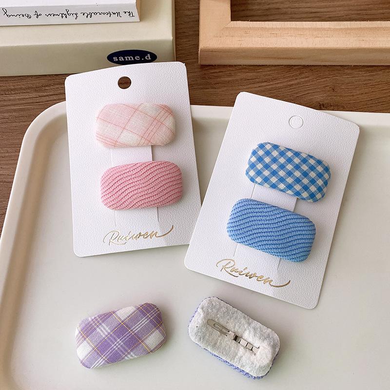 2Pcs/set Macaron Fabric Plaid Hair Clip Solid Color Square Cotton Filling Hairpin Children's Side Bangs Clip Girls Hair Accessories