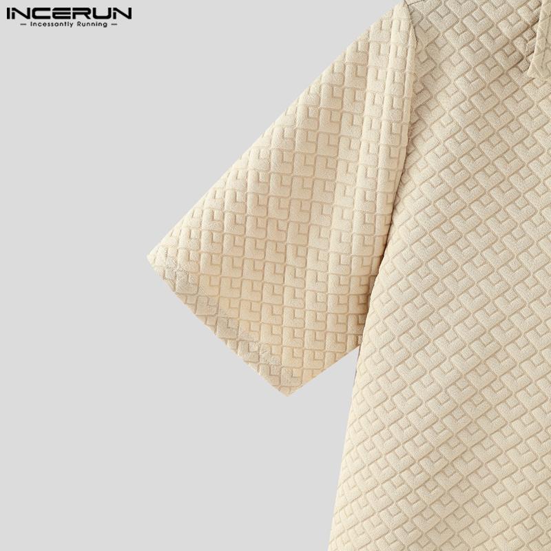 INCERUN Oversized Men Lapel Neck Short Sleeve Texture Buttons Up Casual Shirts