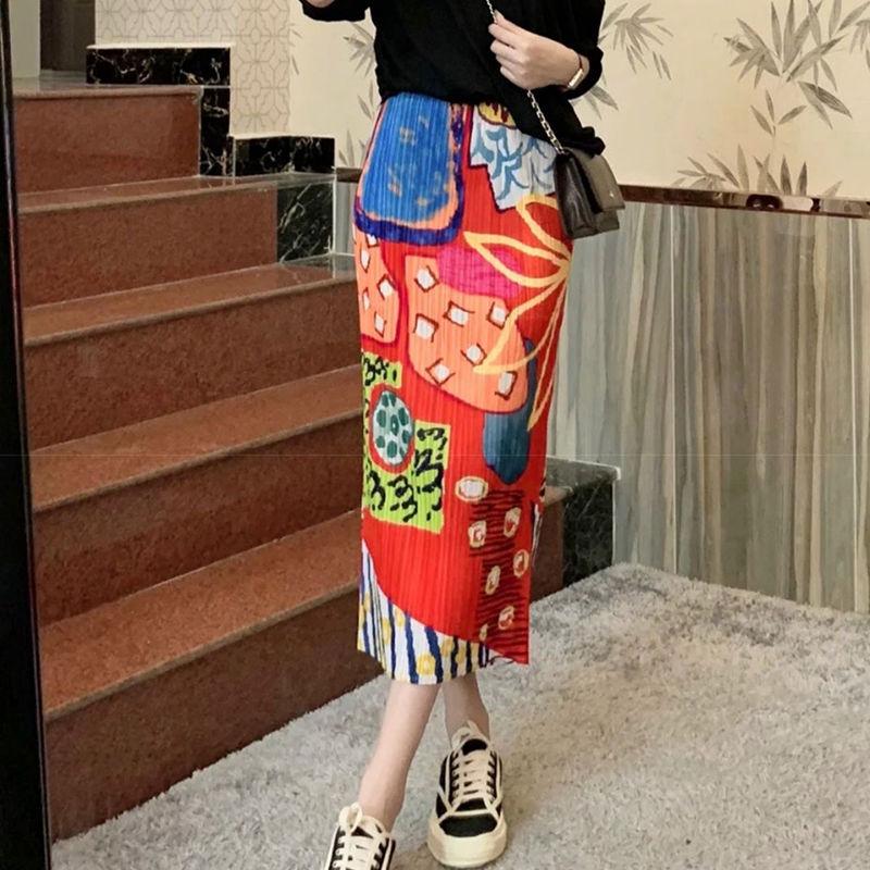 Fusta plisata imprimata la moda cu design cu fanta laterala pentru haine de dama