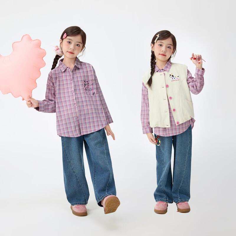 Xiao Yin Man Girls' Plaid Autumn Shirt with Cat Mimi Print