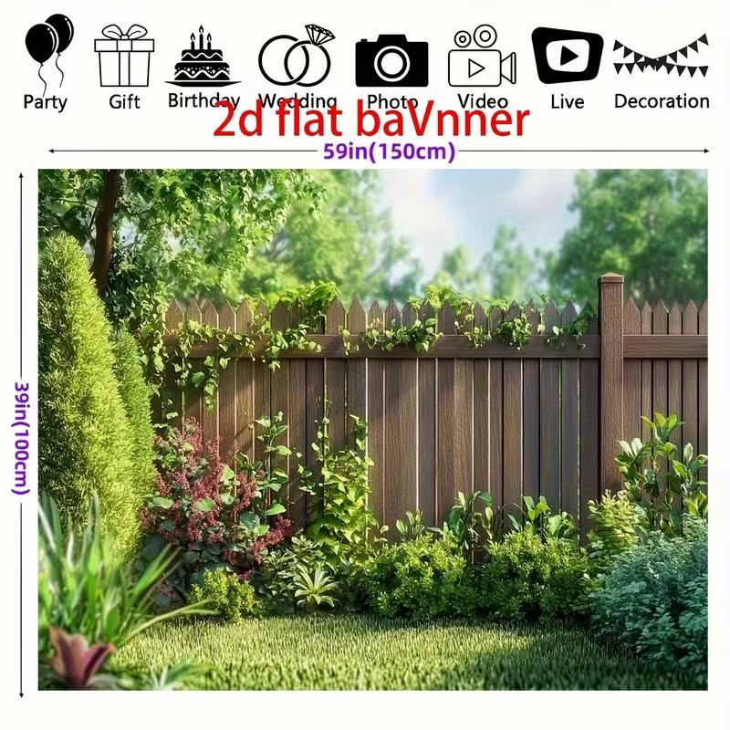 2D Picket Wood Fence Mixed Green Bush Garden Photo Backdrop Cloth