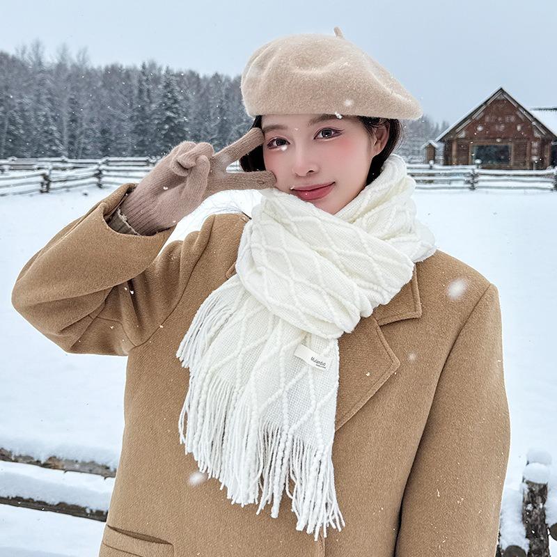 Plaid imitation cashmere scarf women's winter new high-end versatile shawl student warm scarf white