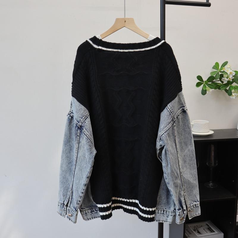 Autumn and winter new medium and long denim splicing knitted cardigan loose design sweater jacket women