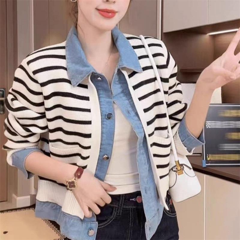 2025 autumn new splicing fake two-piece striped sweater knitted sweater women's versatile meat-covering and thin cardigan jacket