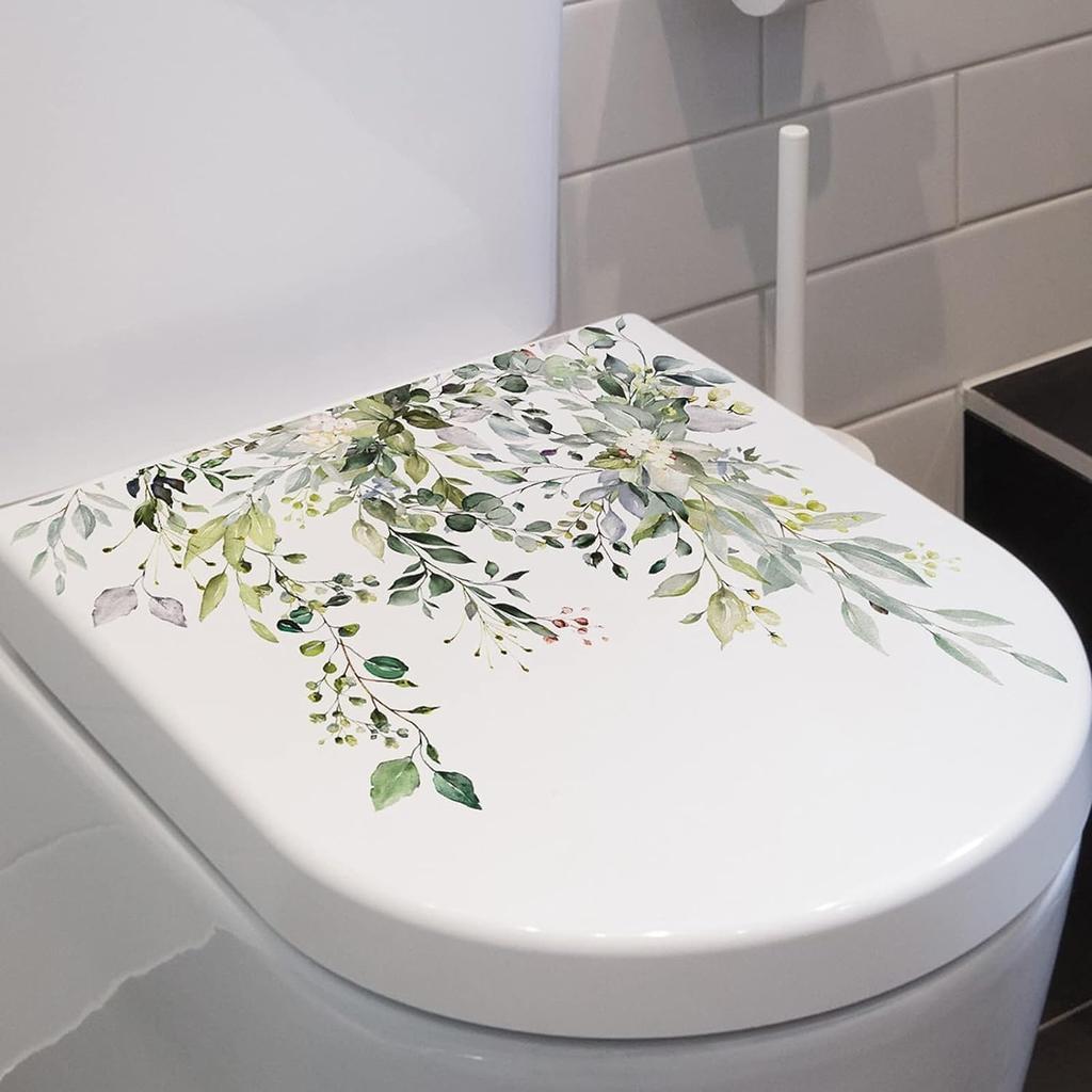 Green Plant Leaves Flowers Toilet Seat Lid Stickers Self-Adhesive Bathroom Wall Stickers Green Leaf Floral Toilet Lid Decals DIY Removable Waterproof