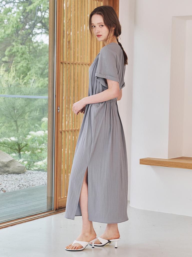 Nub V-Neck Shirring Dress - Blue