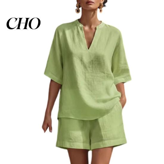 Lightweight Summer Clothing Women 2 Piece Outfit Short Sleeve V Neck Pullover Breathable Top And Shorts Matching Sets Casual Vacation Travel