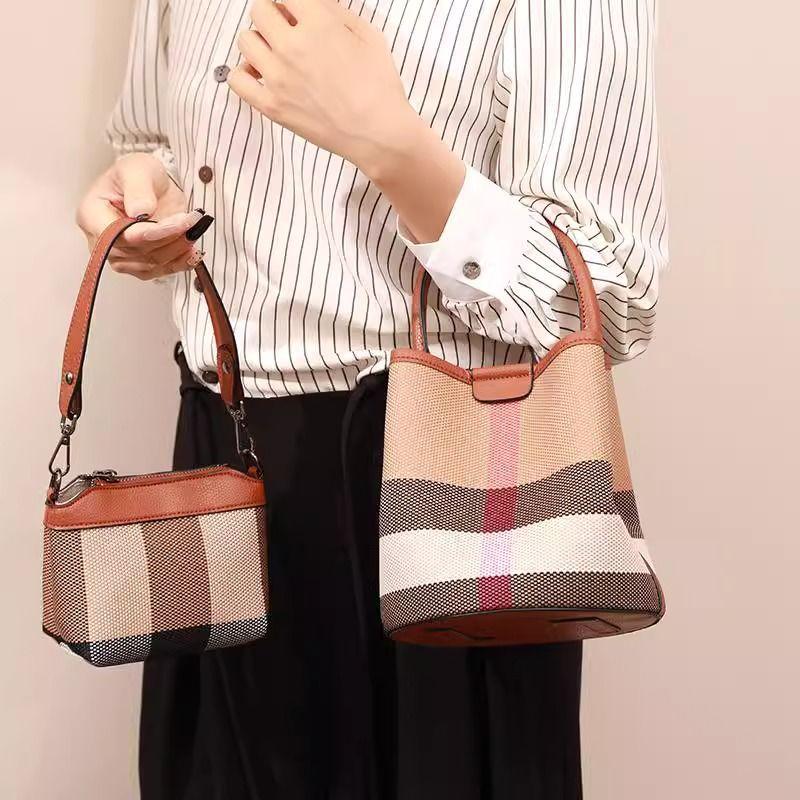 Versatile Women’s Plaid Mini Mother-Child Canvas Bucket Handbag - 2025 Shoulder & Crossbody Bag.