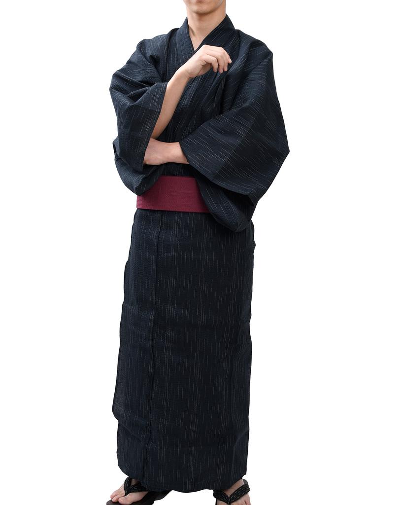 Edoten Shijira Webart Yukata Schwarz Kasuri Muster Weinroter Obi LL Herren 2-teiliges Set, 703, 753,
