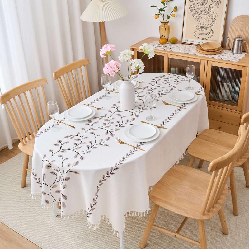 Oval Cotton Linen Blend Embroidered Tablecloth Waterproof Oil Resistant Heat Insulating Durable Coffee Table Dining