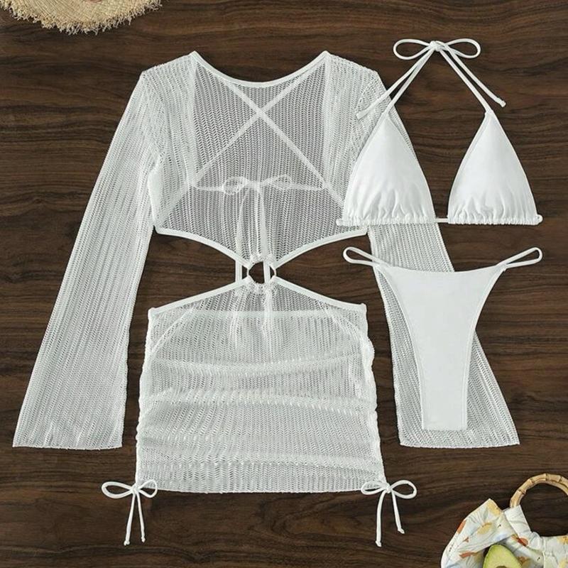 Women Bathing Suit Cover Ups Three Piece Bikini Set Knitting Cover Up Tie-Up Hollow Out Swimsuit Coverup Swimwear