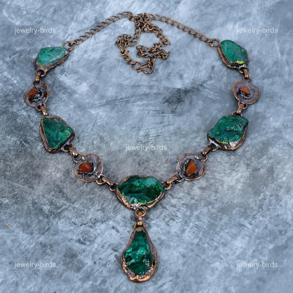 Green Tourmaline Gemstone Copper Chain Electroformed Heart Chakra Hook Necklace VP-107