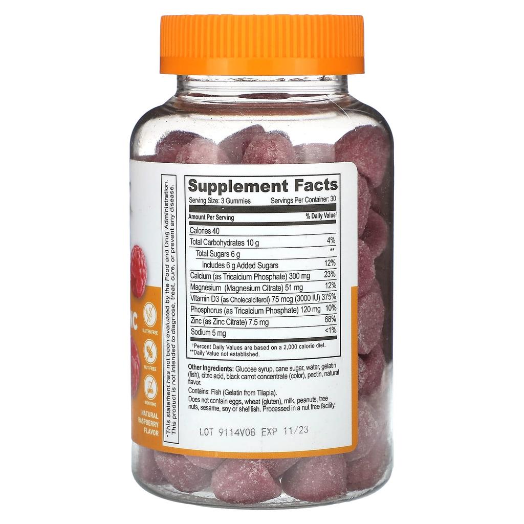 Calcium, Magnesium and Zinc + Vitamin D3 Gummies, Natural Raspberry Flavor, 90 Gummies