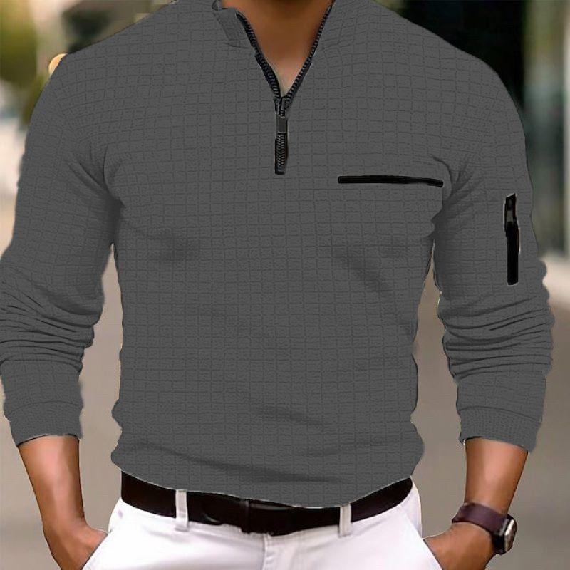 New Spring and Autumn Men's Casual Plaid Long-sleeved POLO Shirt Fashion Trend Arm Loose Zipper Loose Type Sports Polo Shirt