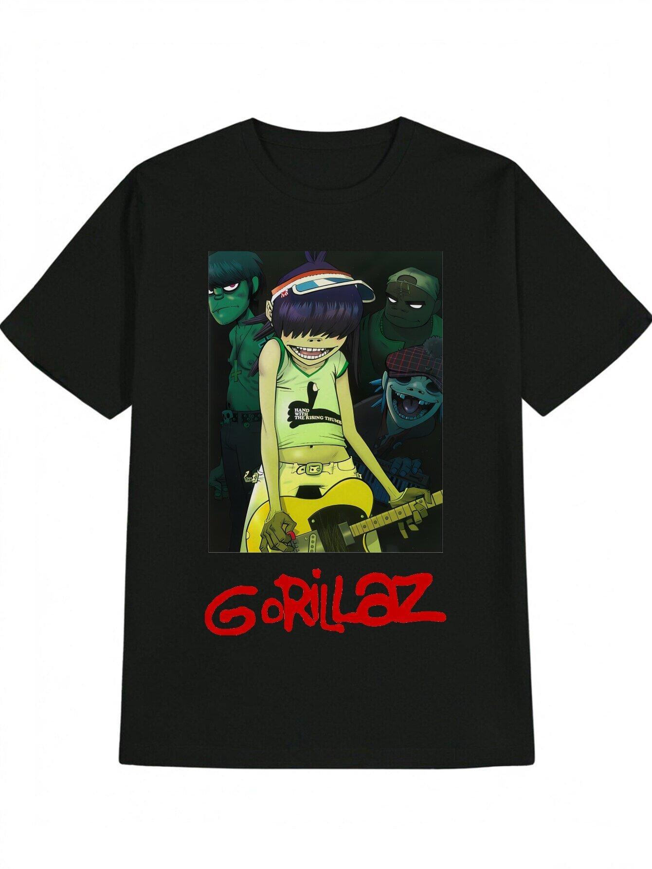 Black Casual Graphic T-shirt with Vibrant Gorillaz Character Print - Round Neck Summer Tee L