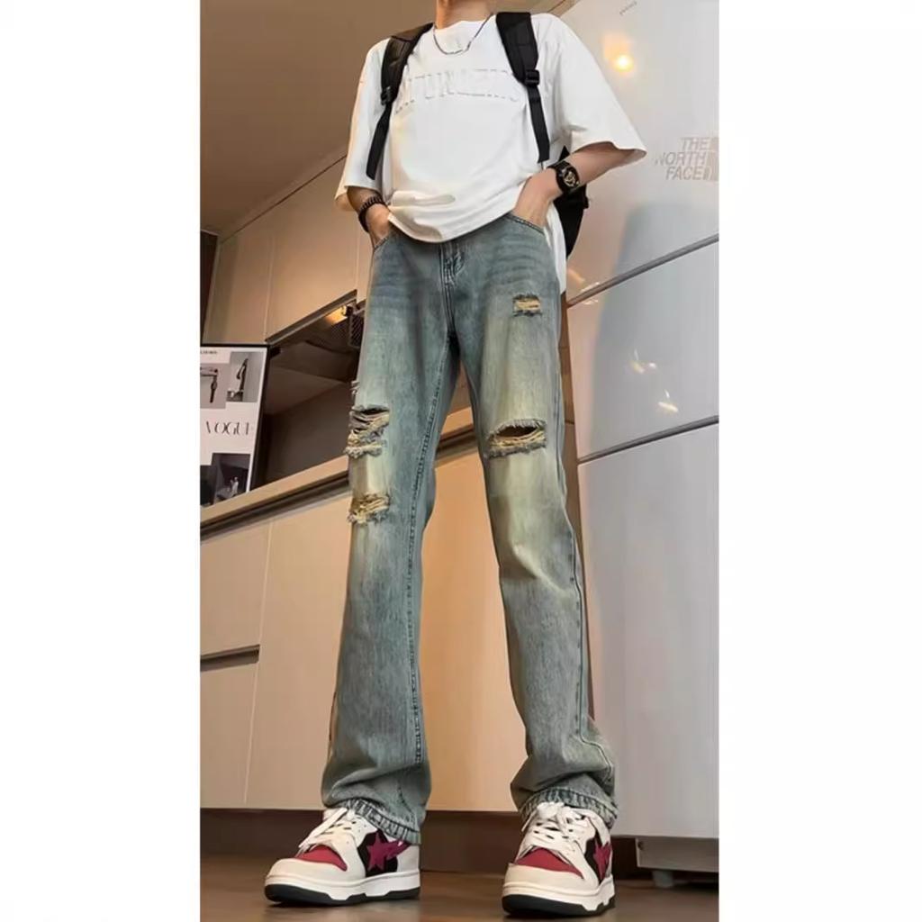 JYL Men's Paint Print Jeans Summer High-Street Loose Wide-Leg Straight Denim