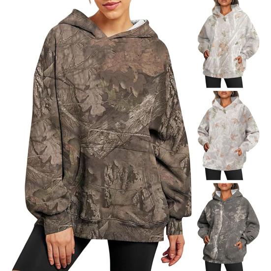 Sudadera con capucha para mujer Otoño Invierno Estampado de Hojas Bolsillo Grande Mangas Largas Gruesa Cálida Holgada Con Capucha Camuflaje Diario Deporte Superior
