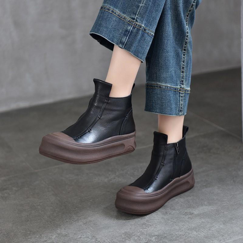 Johnature Versatile Thick Soled Genuine Leather Short Boots Side Zipper Autumn/winter Retro Women's Flat Platform Shoes