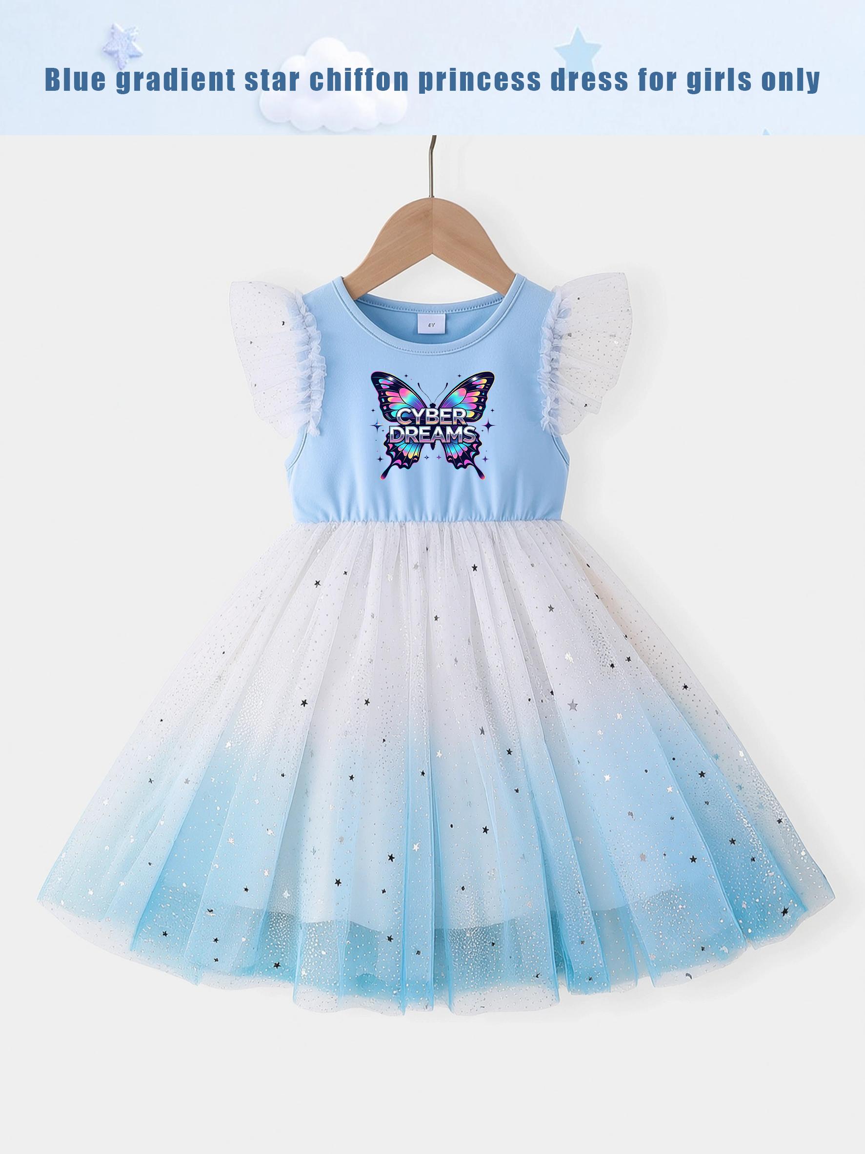 Girls Blue Ombre Star Tulle Dress Kids Print Ruffle Sleeve Princess Dress 4Y синий