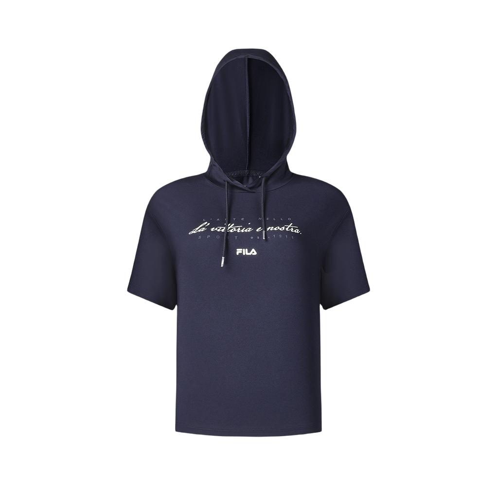 Fila Fitness Fashion Loose Knit Short Sleeve Hoodie T-Shirt Women Tops Royal-Blue A11W421124FNV