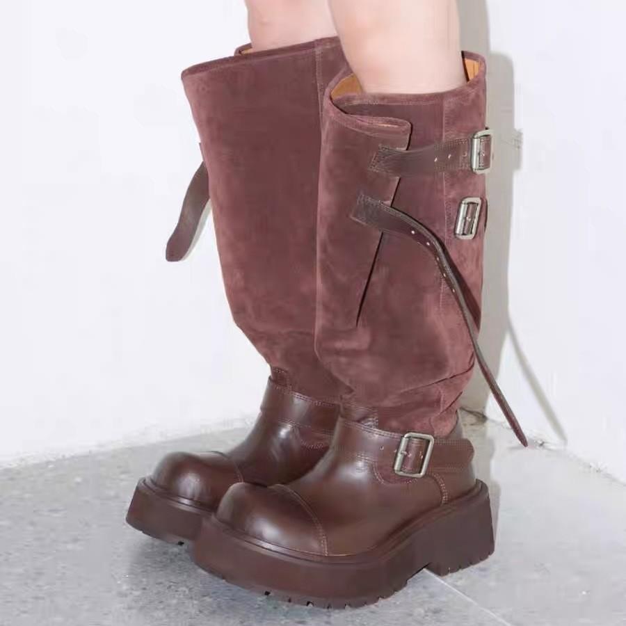 European and American spice girls thick-soled heightening boots women's retro belt buckle large tube circumference stacking boots