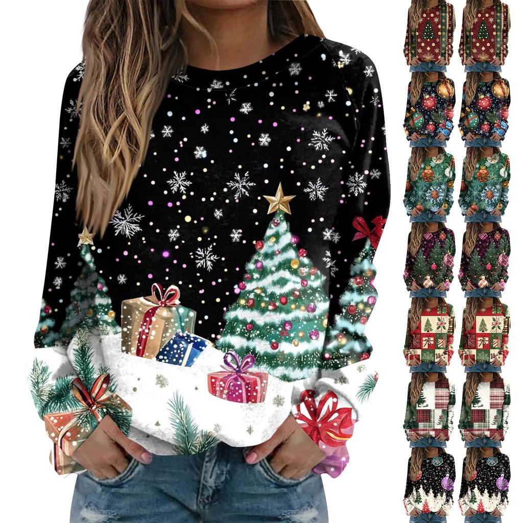 Women's Fashion Casual Long Sleeve Christmas Printed Neck Sweatshirt Top