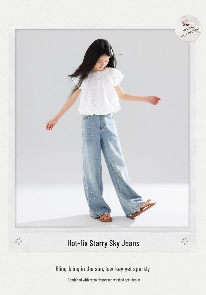 Summer Rhinestone Girls' Wide-Leg Jeans: Loose, Versatile, Straight-Leg Long Pants