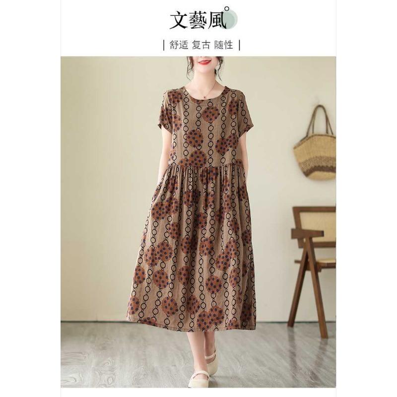 2025 Summer New Retro Literary Loose Round Neck Short Sleeve Midi Dresses