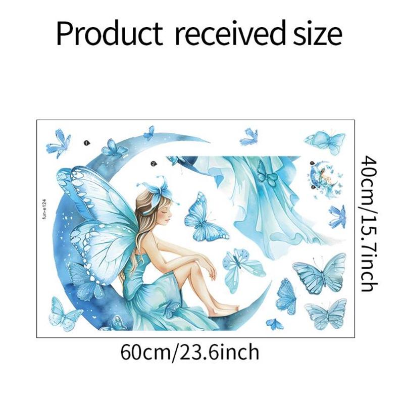 Cute Blue Girls Butterfly Moon Wall Stickers for Kids Decor Bedroom Decoration Living Room Decal
